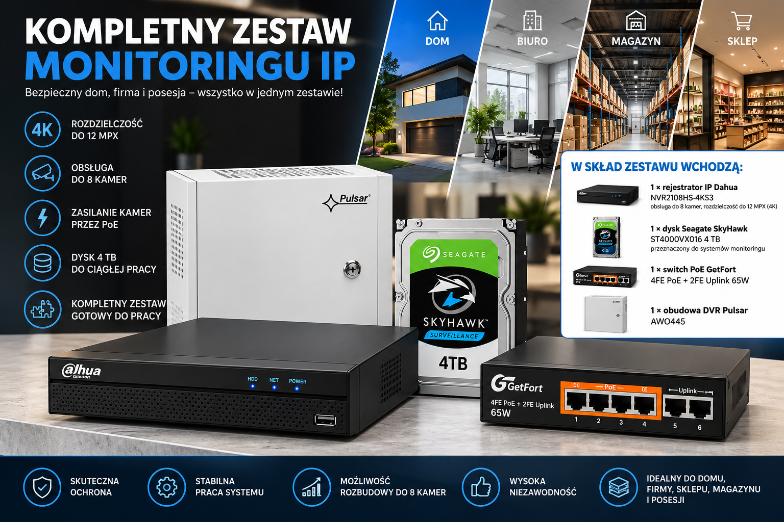 Zestaw monitoringu IP Dahua 4K - dysk 4TB, zasilacz PoE