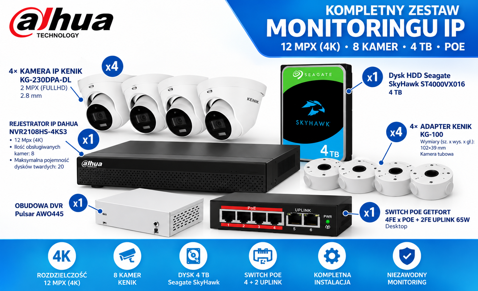 Zestaw monitoringu IP Dahua 4K - 4 kamery Kenik, 4TB, PoE